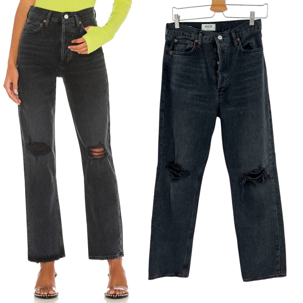 Agolde 90s Pinch‎ Waist Jeans Howl Wash Distressed Cotton Denim Black Size 27